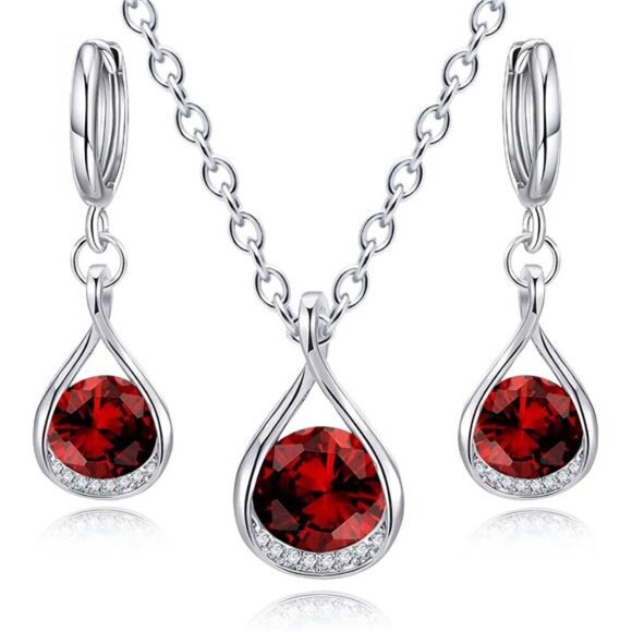 Simplicity Red CZ Teardrop Jewelry Set–Necklace and Earrings Set Evening or Work - Picture 1 of 7
